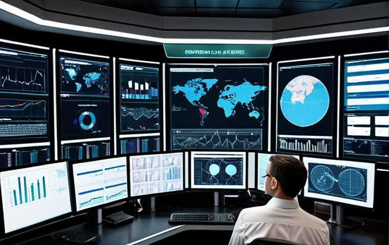 **
A futuristic control room with multiple screens displaying real-time regulatory data feeds from around the world. Business analysts are collaborating, using AI-powered tools to predict potential regulatory changes and their impact on the company's global operations. Visual elements include charts, graphs, and maps highlighting regions with evolving regulations. The overall tone is proactive and data-driven.
**