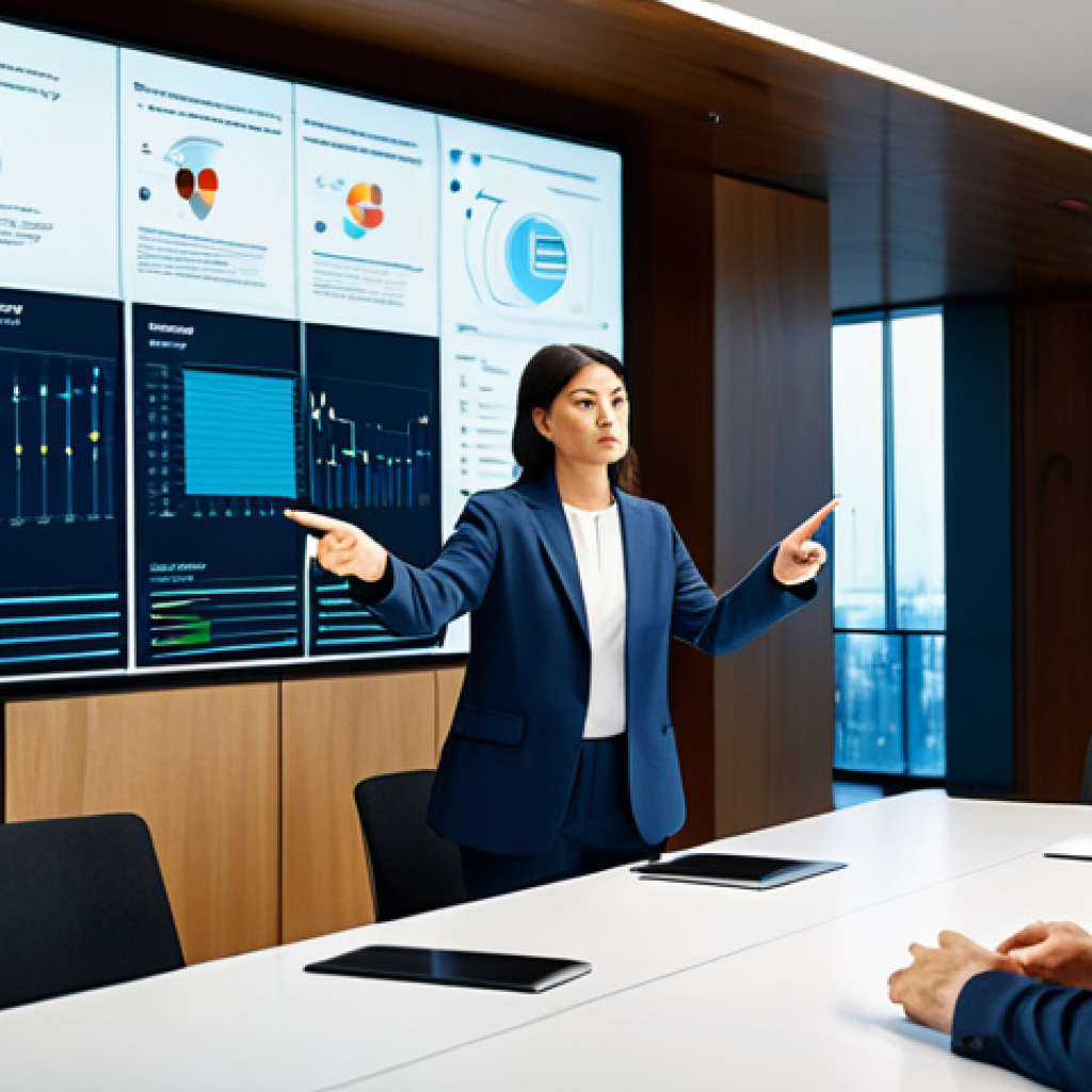 A diverse group of professional business executives and legal experts in a brightly lit, modern conference room, fully clothed in modest business suits, engaged in a serious discussion about AI ethics and data privacy. They are gathered around a sleek table, with one individual pointing at a large digital screen displaying abstract data visualizations and legal diagrams. The atmosphere is professional and focused on compliance and responsible technology. The image features perfect anatomy, correct proportions, well-formed hands, proper finger count, and natural body proportions, ensuring appropriate content that is safe for work and family-friendly.