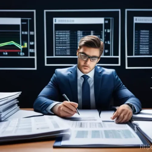 Home 29 규제 업무의 주요 도전 과제 - A business professional, appearing thoughtful and slightly overwhelmed but determined, sits at a pol...