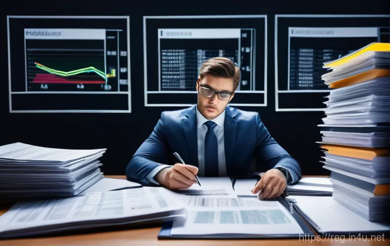 규제 업무의 주요 도전 과제 - A business professional, appearing thoughtful and slightly overwhelmed but determined, sits at a pol...