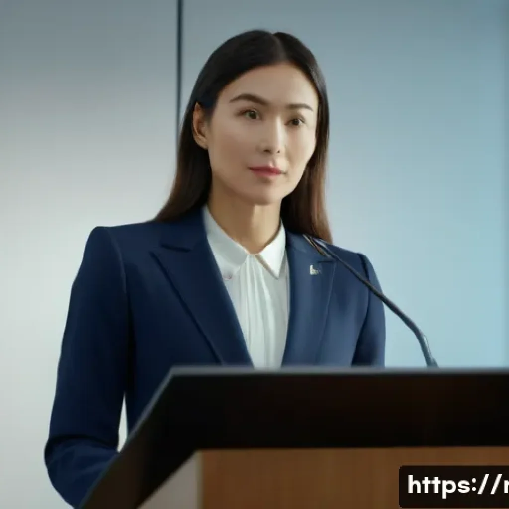 규제요원들이 자주 묻는 질문과 답변 - A professional female public official, aged 30s, dressed in a sharp navy business suit, stands confi...