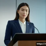 규제요원들이 자주 묻는 질문과 답변 - A professional female public official, aged 30s, dressed in a sharp navy business suit, stands confi...