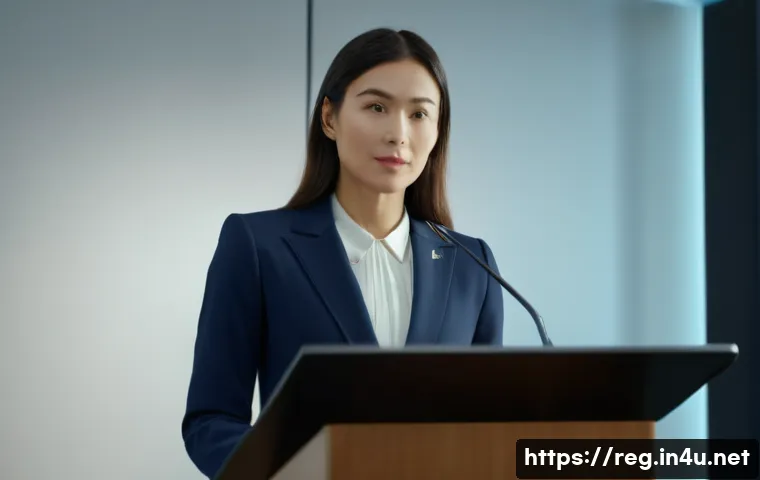 규제요원들이 자주 묻는 질문과 답변 - A professional female public official, aged 30s, dressed in a sharp navy business suit, stands confi...