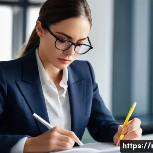 Home 13 규제 업무와 관련된 필수 서적 - A focused female regulatory expert, in her late 30s, dressed in a sharp business blazer, sits at a m...