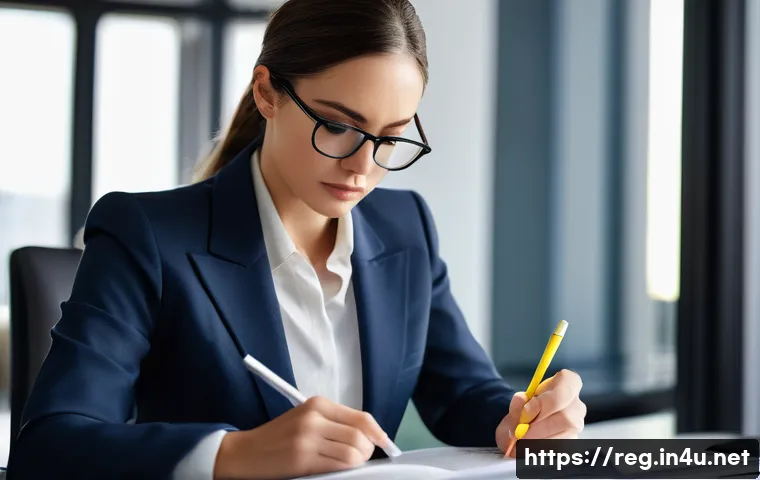규제 업무와 관련된 필수 서적 - A focused female regulatory expert, in her late 30s, dressed in a sharp business blazer, sits at a m...